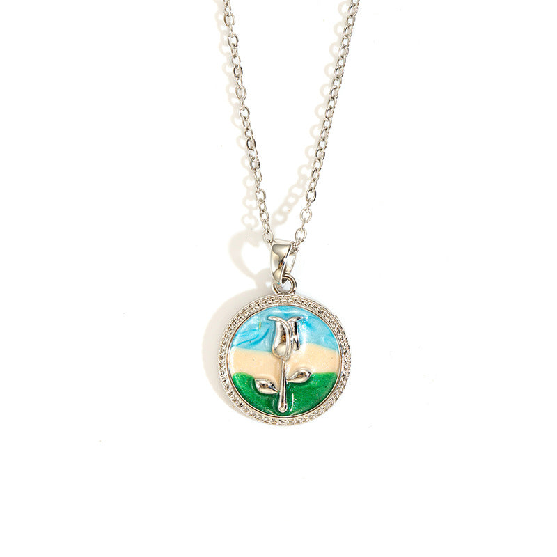 Wholesale rose oil painting high-grade necklace pearl color simple clavicle chain stainless steel plated 18k gold necklace for women